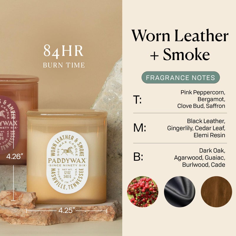 Paddywax Vista Scented Candle with Lid in Reusable Tonal Glass Jar, Clean-Burn 2-Wick Soy Candle with Approx. 84 Hour Burn Time, Decorative Gift Candles for Home, Worn Leather & Smoke, 12 oz - Image 2